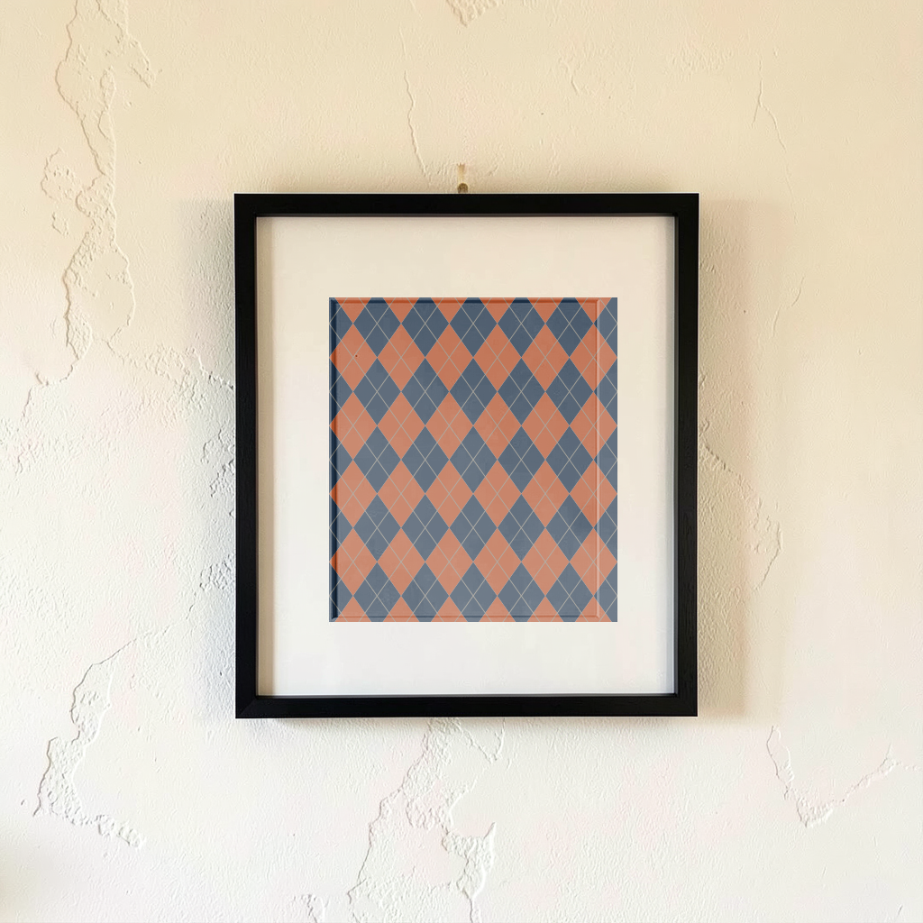The Rust & Navy argyle pattern shown at realistic scale in a frame scene