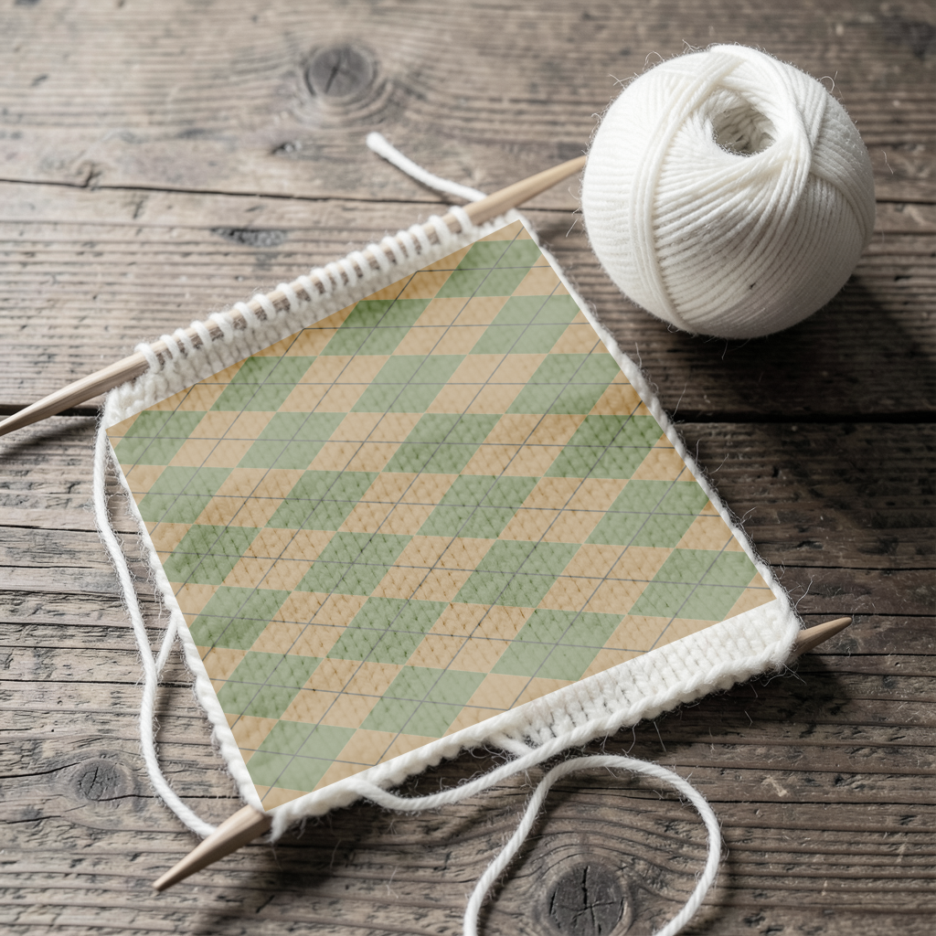 The Moss & Bracken argyle pattern shown at realistic scale in a knitting scene