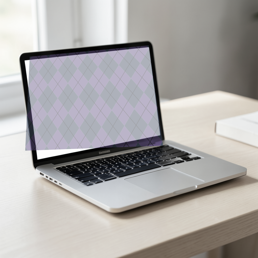 The Thistle & Slate argyle pattern shown at realistic scale in a laptop scene